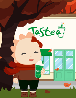 Monstrositea is smiling and holding up a Tastea Milk Tea with Green Honey Boba.
