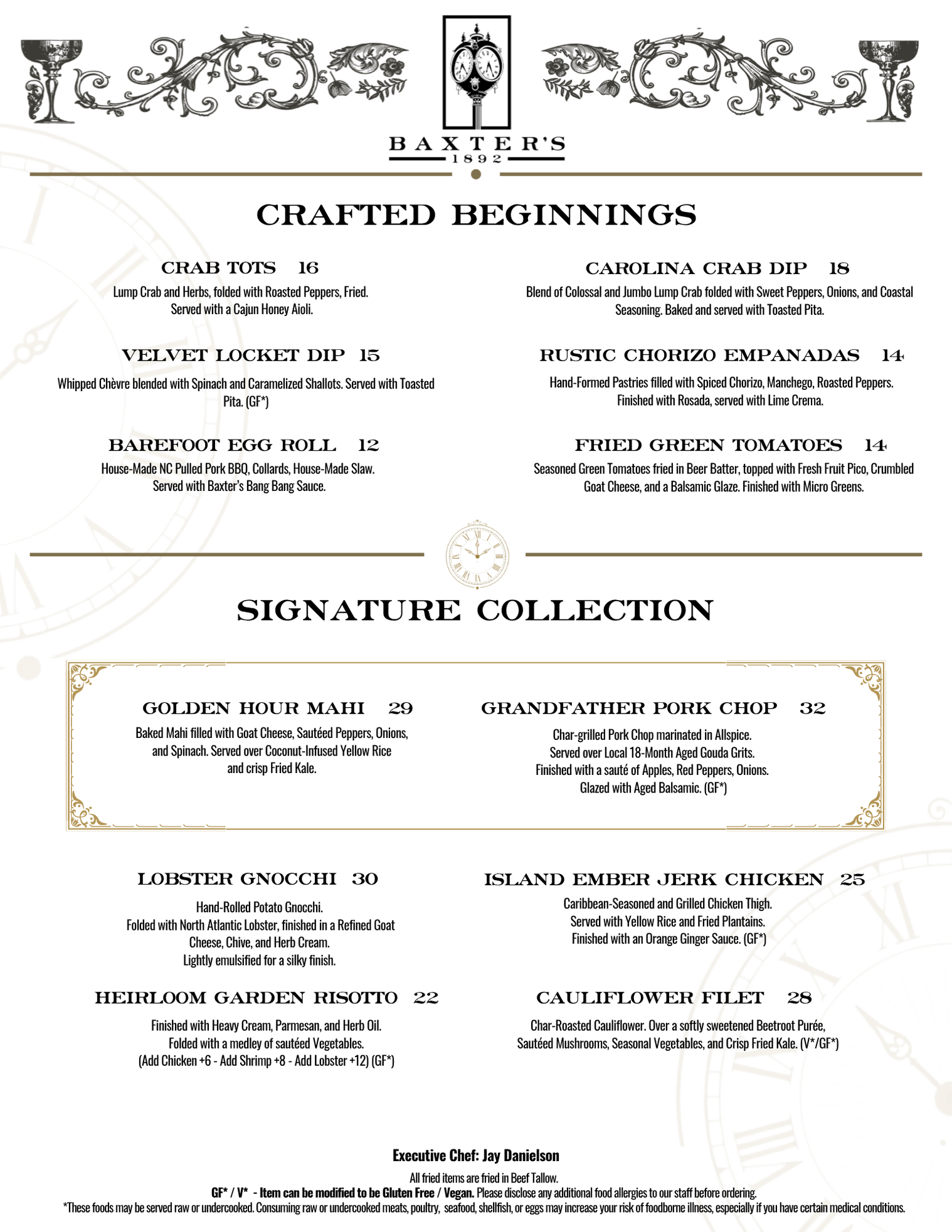 Baxter's 1892 Restaurant - Menu