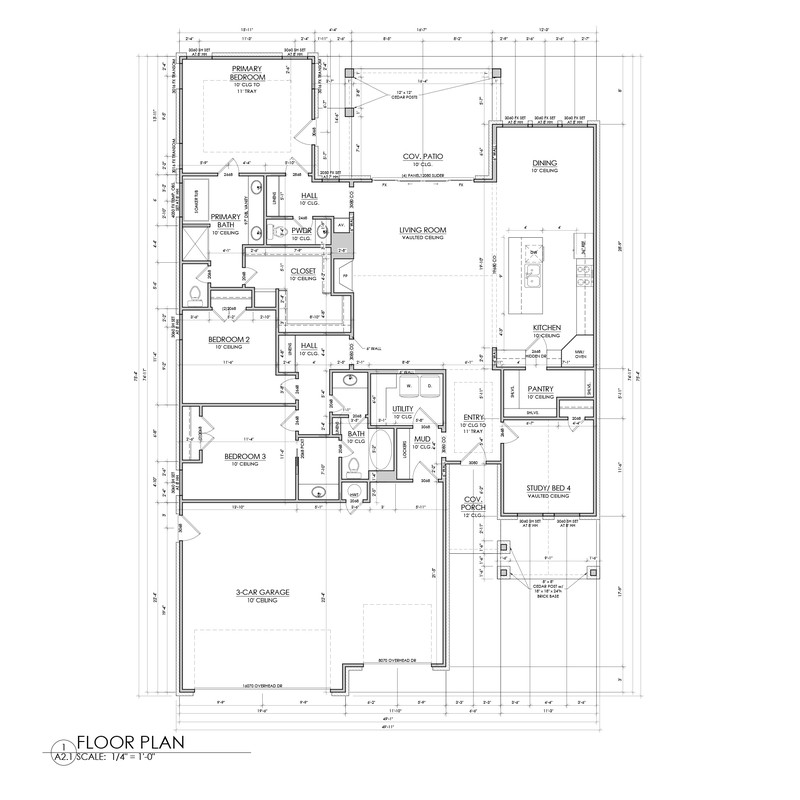 Floor plan of the 10353 SW 50th custom home in Mustang, Oklahoma, showing four bedrooms, three bathrooms, and an open-concept living area with vaulted ceilings.