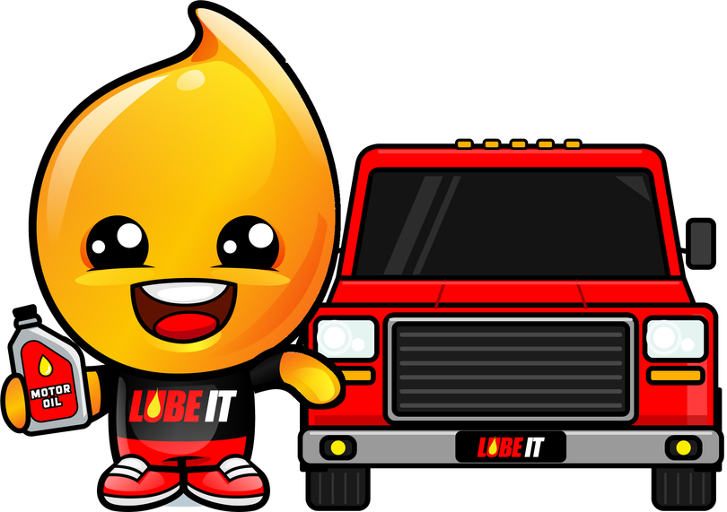 Drippy, the Lube It mascot, beside a pickup truck