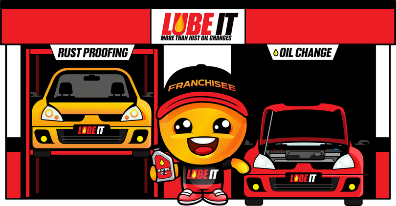 Drippy in a franchisee cap outside a two-bay Lube It shop