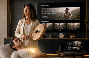 Woman healing a man with drumming