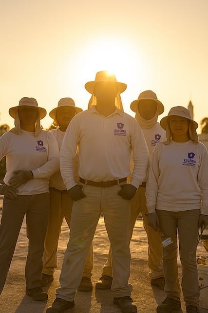 Equipo de impermeabilizacion merida en el atardecer con el sol arriba del equipo