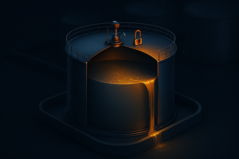 Illustration of an overfilled fuel-storage tank spilling petrol from its roof
