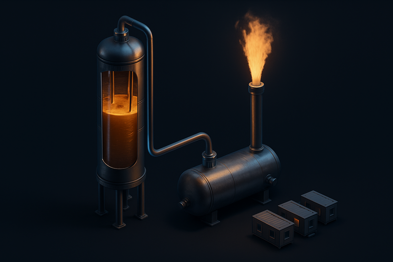Illustration of a distillation column and atmospheric blowdown system near portable cabins