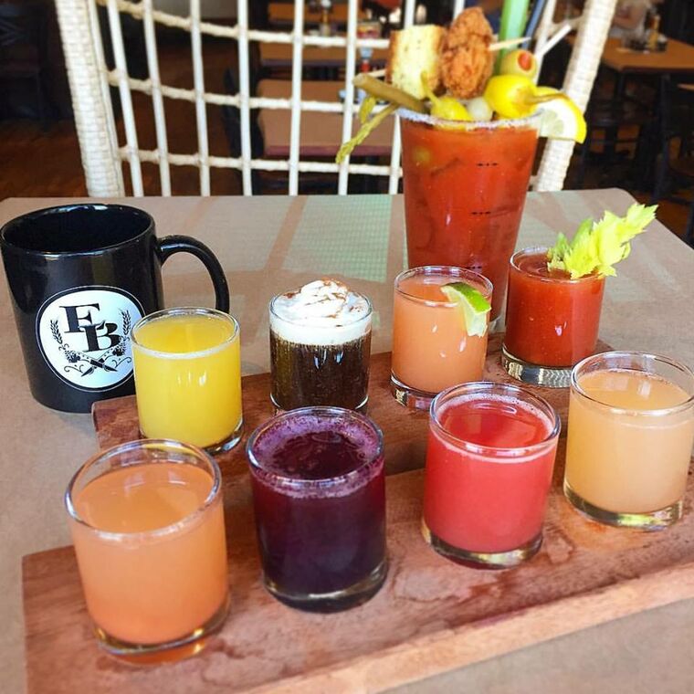Chicken and a biscuit bloody mary, classic brunch flight, mimosa flight and a cup of Water Avenue coffee!, Eastburn, pdx