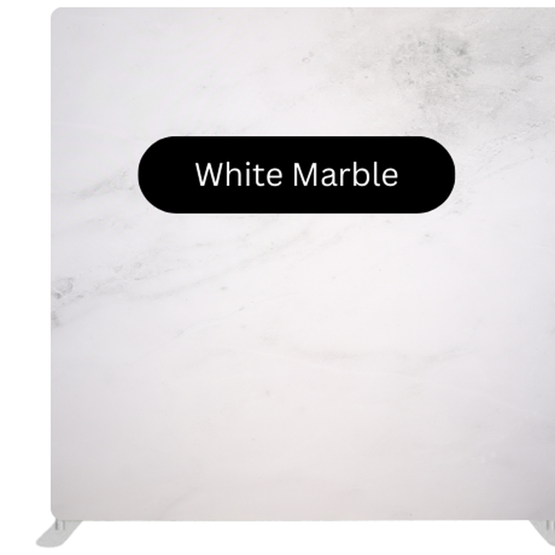 White marble photo booth backdrop with light gray veining, ideal for weddings, receptions, and refined elegant celebrations.