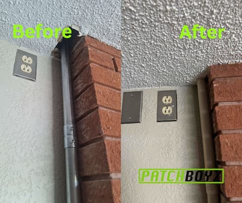 before and after of a popcorn ceiling repair in a minto building. The repair was done around an electrical conduit and brick.