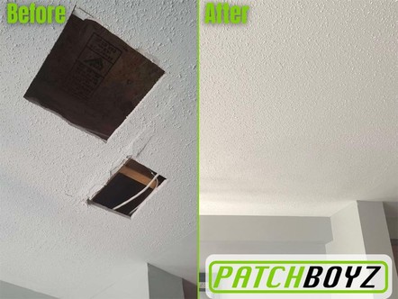 Before and after picture of a popcorn ceiling repair in the greater Vaughan area