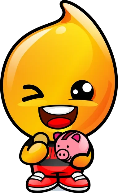 Drippy, the Lube It mascot, winking and holding a piggy bank