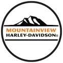 The Mountain View Harley Davidson logo, prominently displayed on the website, features the company name in stylized letters with the words 'Harley Davidson' in orange and the words 'Mountain View' in black. The logo also includes an image of a motorcycle in the center. Mountain View Harley Davidson is a motorcycle dealership and a client of Paul Filek