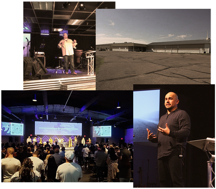 A quick collage of Mosaic. One picture of our pastor speaking at our first building and our current building, a picture of the outside of our current building, and a picture of the crowd during worship