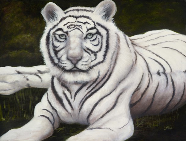 Oil painting of white tiger in the jungle