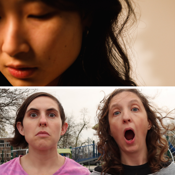 Top: Qū Jié is in a close-up frame, looking down. Bottom: Close-up of two white women standing next to each other with a playground and trees under grey skies in the background. The woman on the left, Aurora, has brown eyes and chin-length straight brown hair, and stares at the camera with an intense focus and downturned mouth. She is wearing a pink shirt and a gold nose ring. The woman on the right, Christine, has blue eyes and shoulder-length wavy brown hair, and stares at the camera with wide open eyes and mouth. She is wearing a grey sweatshirt on top of a black T-shirt.