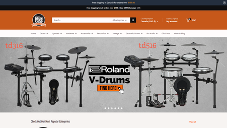 Screenshot of the Dave’s Drum Shop website managed by Vito Creative, highlighting ongoing SEO optimization and Google Ads campaign management for a leading drum store in Ottawa, Canada.