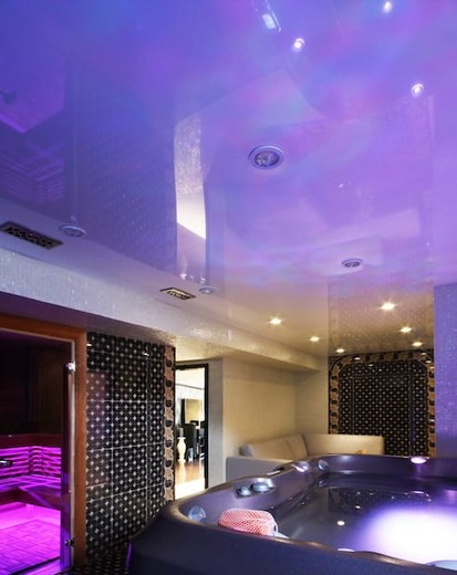 Hot tub in Ottawa with purple stretch ceiling instead of Popcorn Ceiling Removal