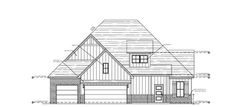 Front elevation drawing of the custom home at 10408 SW 51st Street in Mustang, OK, showing the three-car garage and covered porch design.