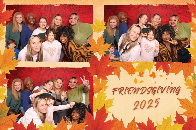 Group of guests posing together in a Friendsgiving photo booth collage featuring multiple photos framed with autumn leaves and warm fall colors, celebrating Friendsgiving 2025.