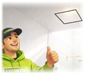 animation of a PatchBoyz technician showing off his aria vent installation in a bathroom ceiling close to the shower