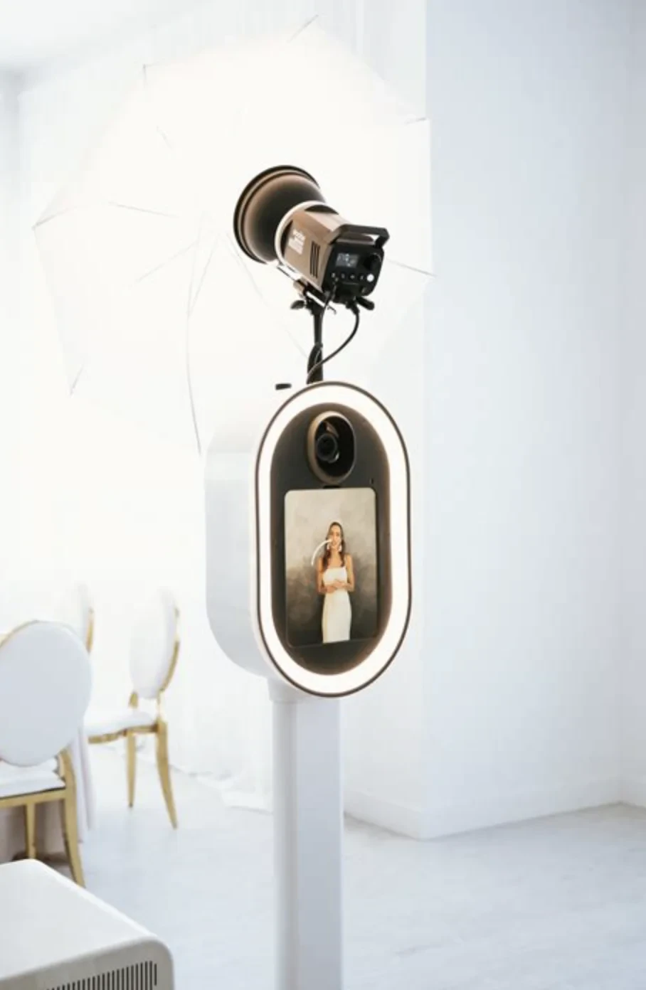 Photo booth with ring light and studio flash ready for a wedding shoot.