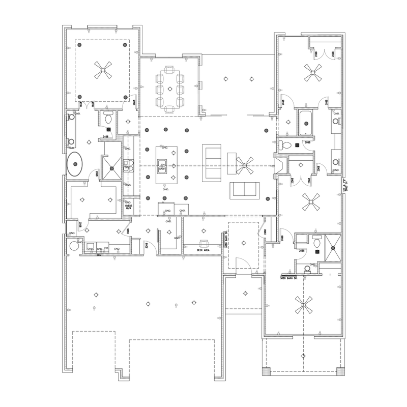 Floor plan layout of the 10308 SW 50th custom home in Mustang, Oklahoma, showing an open-concept living area, four bedrooms, and a pocket study.