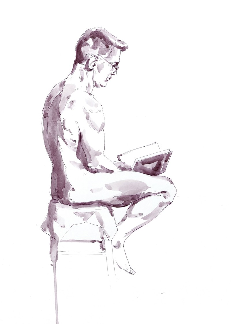 Life drawing by Mark Stephenson from 2024. Acrylic ink and watercolour on watercolour paper.