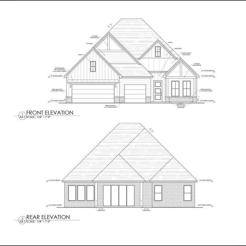 Architectural elevation drawings showing the front and rear exterior views of the 10353 SW 50th custom home in Mustang, Oklahoma.