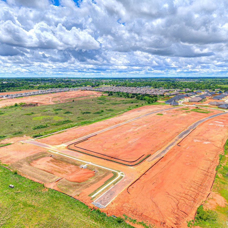Drone photo of Canyon Ridge Phase 2 neighborhood in Mustang Oklahoma highlighting large homesites.