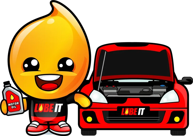 Drippy, the Lube It mascot, beside a car