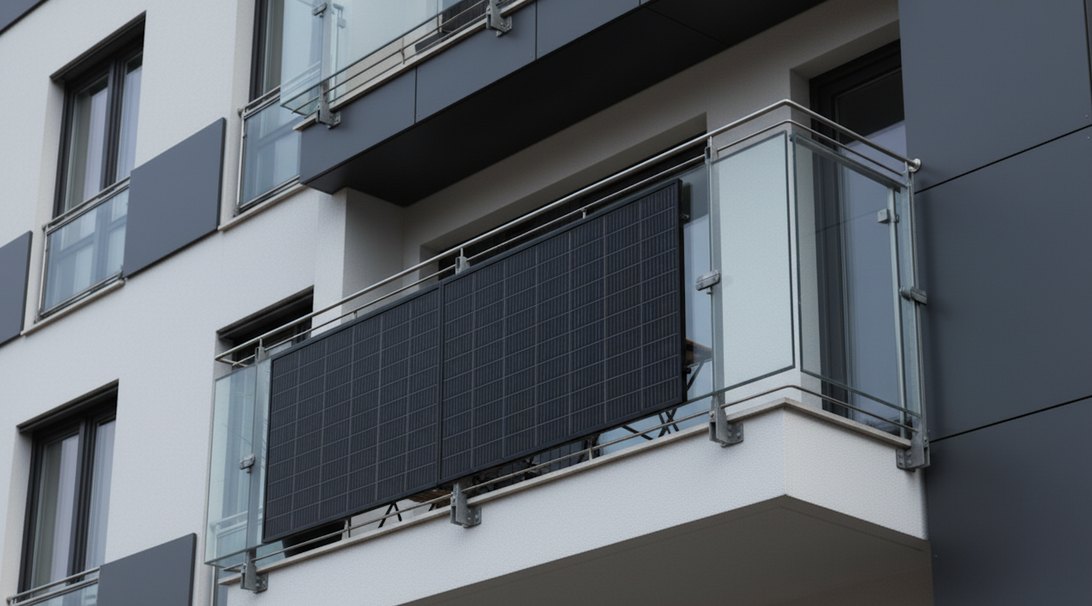 Sun Freedom 475W plug-in solar panel on UK balcony with no installation required – perfect for renters