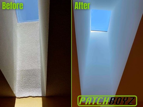This skylight contained stipple and was cracking and crumbling everywhere - PatchBoyz corrected it in record time.