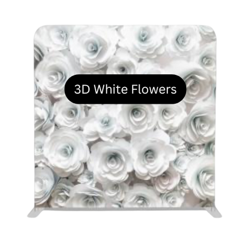 White floral photo booth backdrop with three-dimensional flower details, creating a bright, elegant setting for weddings and formal events.