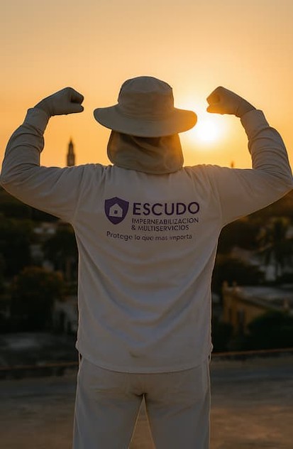 Trabajador de impermeabilizacion merida viendo el atardecer en merida. Sobre un techo