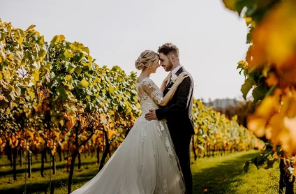 A couple photographed at sunset during their wedding at Llanerch Vineyard in the Vale of Glamorgan, South Wales. The golden hour light highlights the vineyard rows, creating romantic and cinematic wedding portraits.