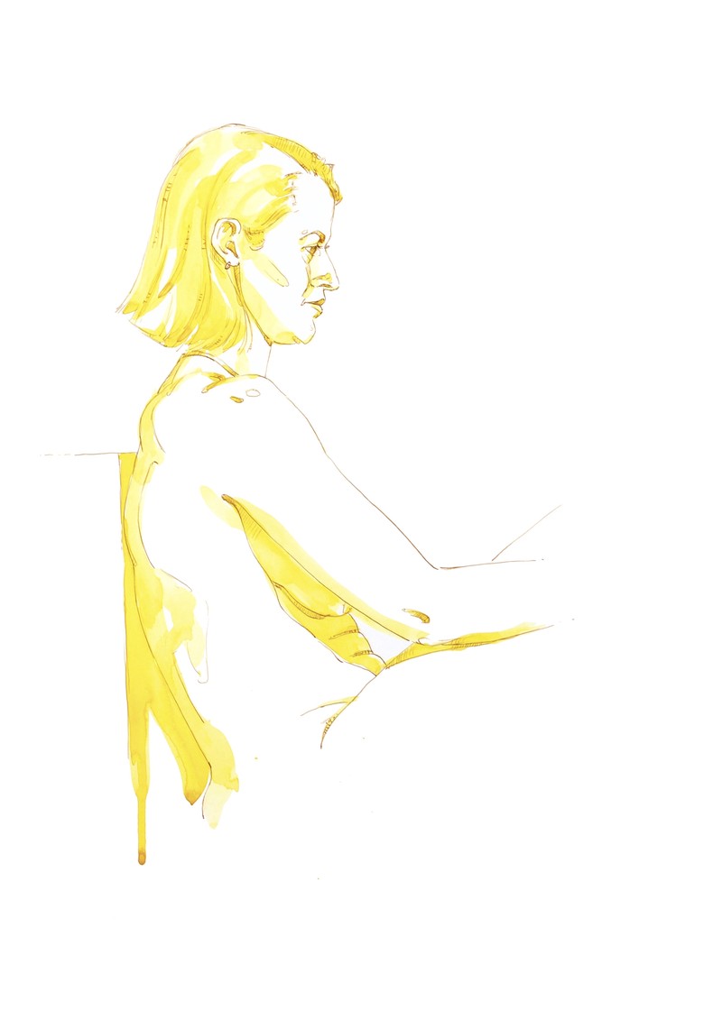 Life drawing by Mark Stephenson from 2024. Acrylic ink and watercolour on watercolour paper.