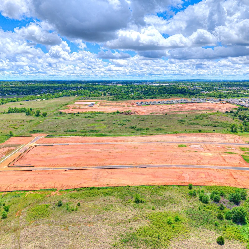 Drone image showing Canyon Ridge Phase 2 development and available homesites in Mustang Oklahoma.