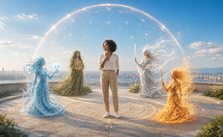 Woman in medicine wheel surrounded by elemental spirits