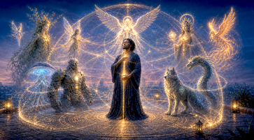 Man surrounded by spirit allies