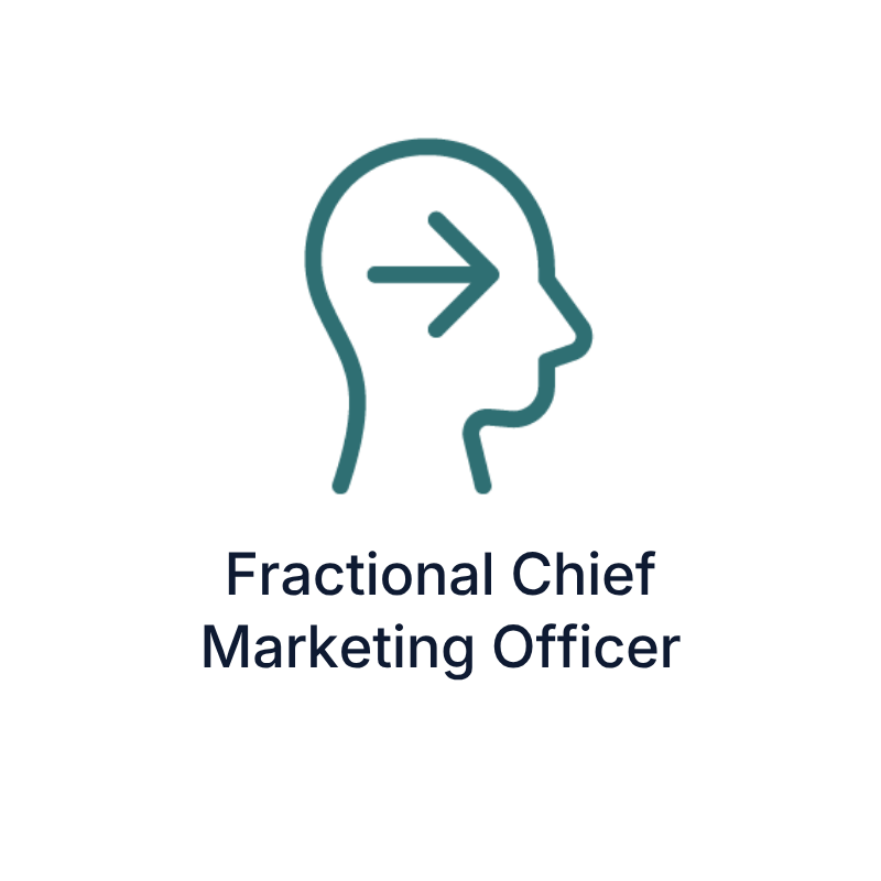 Icon of a human head profile looking right with an arrow inside the outside, also pointing right. Underneath the icon are the words "fractional chief marketing officer."