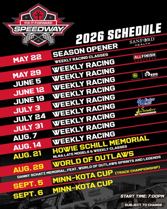 2026 Fix It Forward Speedway schedule.