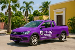 Camioneta impermeabilizacion merida temozon. Camioneta morada con fondo con palmeras