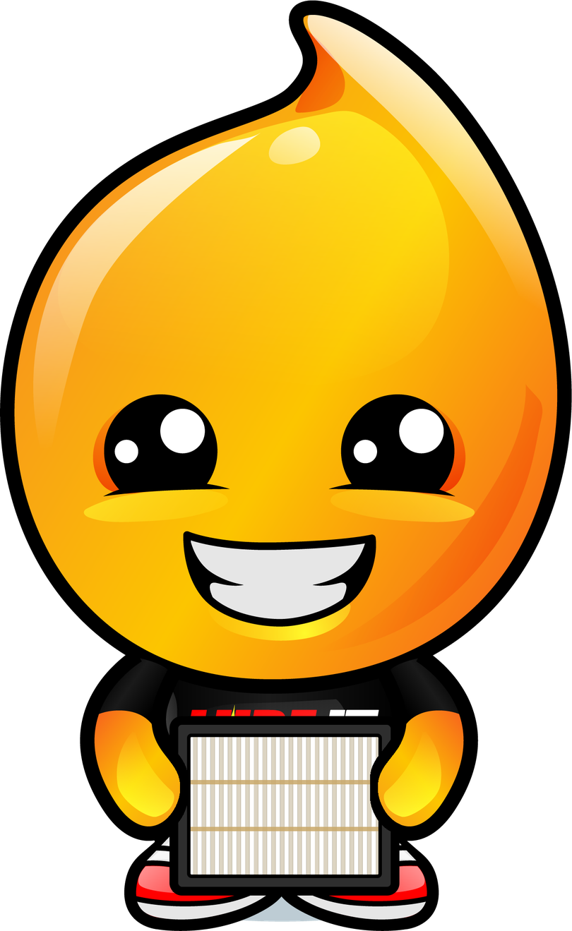 Drippy, the Lube It mascot, holding an air filter
