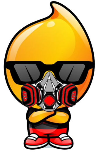 Drippy, the Lube It mascot, wearing a respirator and sunglasses with his arms crossed