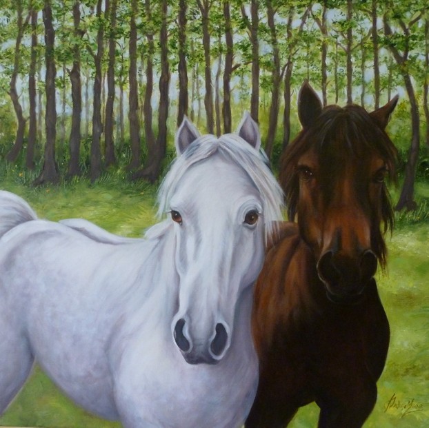 Oil painting of two ponies in forest