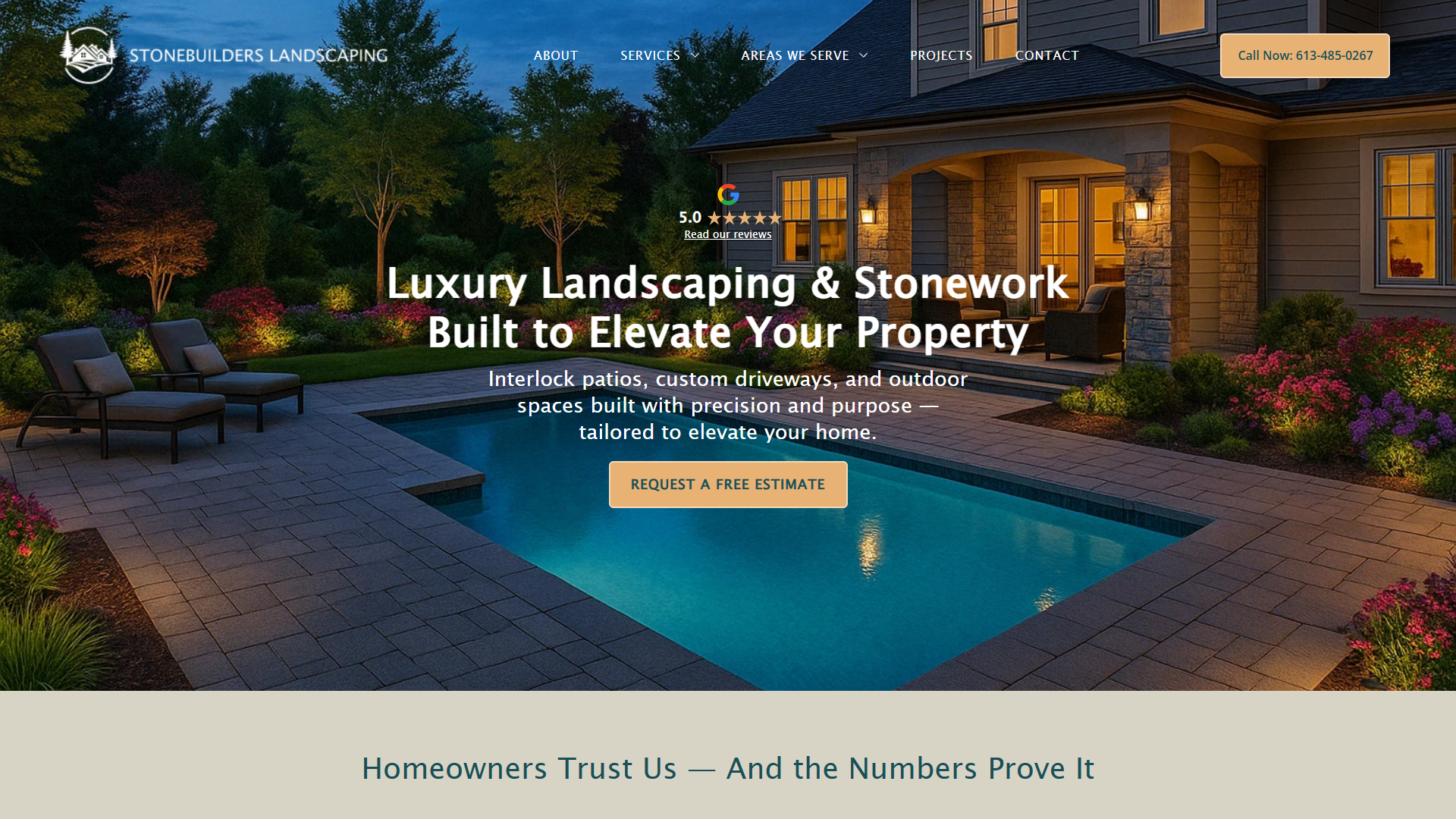 Screenshot of the Stonebuilders Landscaping website designed by Vito Creative using Pagecloud, featuring a bold, image-driven layout that highlights premium landscaping and outdoor construction services.