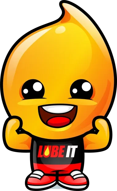 Drippy, the Lube It mascot, flexing his arms
