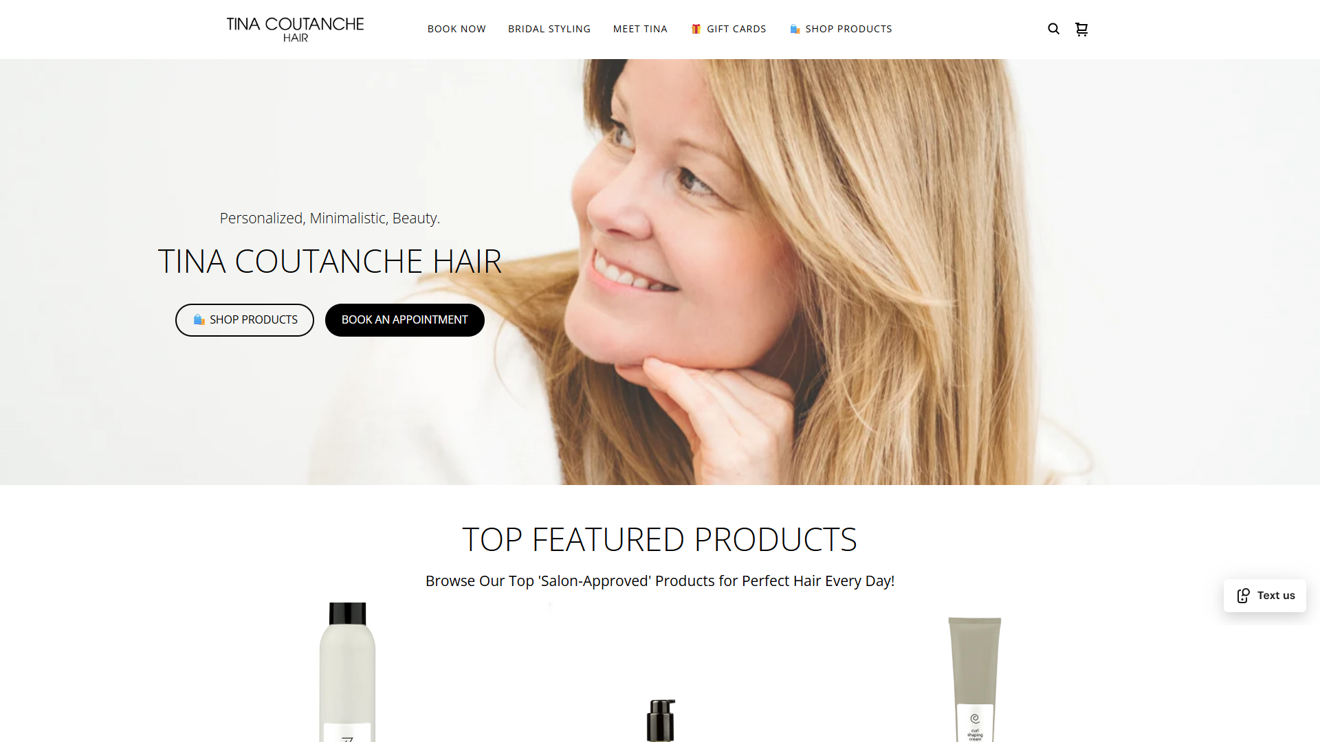 Screenshot of the Tina Coutanche Hair website designed by Vito Creative using Square, featuring a clean, modern layout focused on effortless booking and an elevated salon experience.